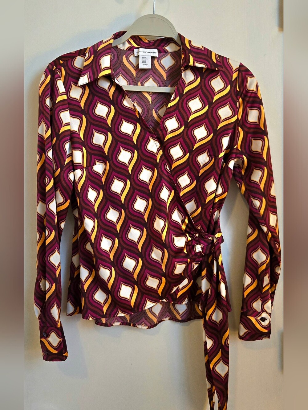 cupcakes & cashmere Burgundy 70s Style Geometric Wrap Blouse Cream & Gold Motif